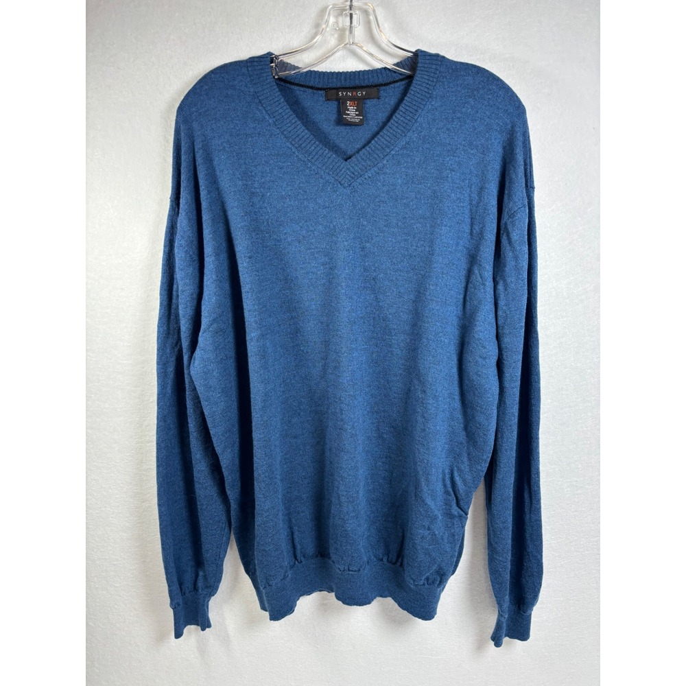 SYNRGY Men's 2XLT 100% Merino Wool V Neck Sweater Blue Big Tall